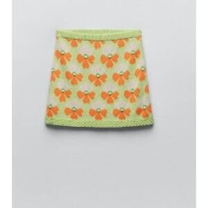 Zara Green & Orange Floral Print Jaquard Mini Skirt Size Small